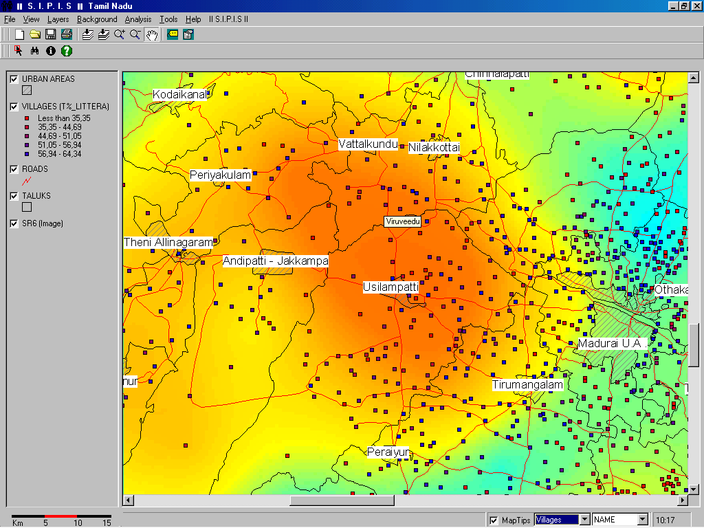 Interface du logiciel SIPIS : en haut de la fenêtre, on voit les nombreux menus, qui donnent accès aux fonctions du SIG. La colonne de gauche indique les couches d’information visibles : les aires urbaines, les villages classés selon leur taux d’alphabétisation, les routes, les limites des taluks (sous-districts) et enfin la carte de fond [SR6(image)] qui est une carte lissée du sex-ratio des enfants de moins de 6 ans. Les valeurs normales sont en vert, le déficit de petites filles en rouge. Cette carte illustre le déficit dramatique de filles dans cette région rurale.