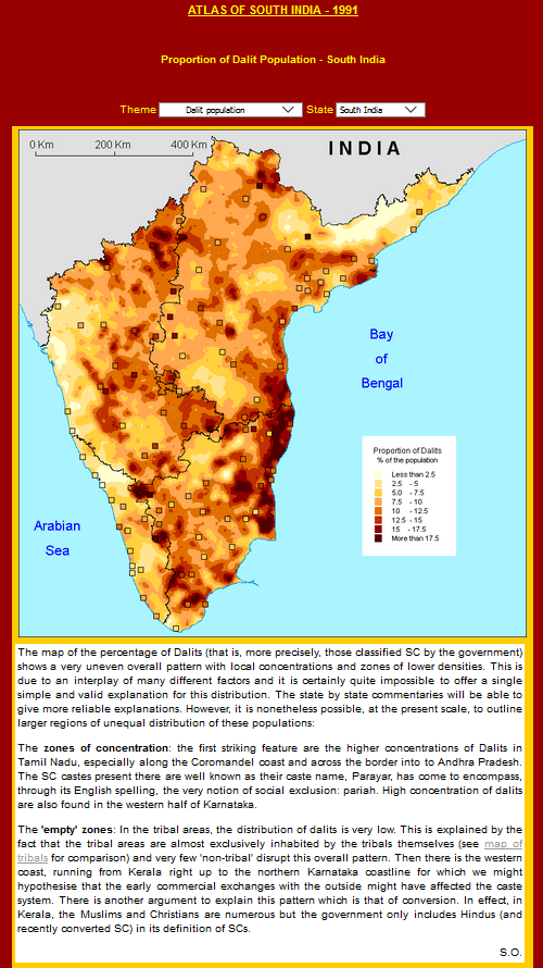 Page de l’atlas de l’Inde du Sud. La navigation dans l’atlas se fait à travers deux menus en haut des cartes : thèmes (15 thèmes au choix) ou état (quatre états au choix ou l’ensemble des quatre états). On peut aussi naviguer par des liens hypertexte qui se trouvent dans le commentaire sous la carte. Ici, la carte des Dalits (hors-castes) renvoie à l’autre minorité défavorisée que sont les populations dites tribales (populations aborigènes du pays).