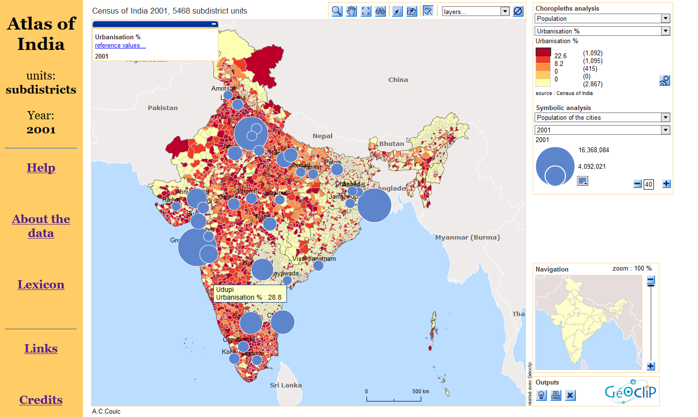 Atlas des sous-districts indiens en 2001. La colonne de gauche propose un menu d’aide sur le logiciel, sur les sources et sur les données. Le logiciel Géoclip est reconnaissable par son esthétique générale, et par sa simplicité d’utilisation (menus au-dessus et à droite de la carte). La simplicité n’enlève cependant rien à ses possibilités. On peut interroger les données via la carte, sélectionner des entités, exporter ses résultats, etc. Du point de vue cartographique, on peut utiliser simultanément des aplats de couleur (ici le taux d’urbanisation) et des cercles proportionnels (ici la population des villes de plus d’un million d’habitants). C’est l’auteur de l’atlas qui attribue à chaque variable un mode de représentation, permettant ainsi le respect des règles élémentaires de cartographie. Accéder à l’interface.