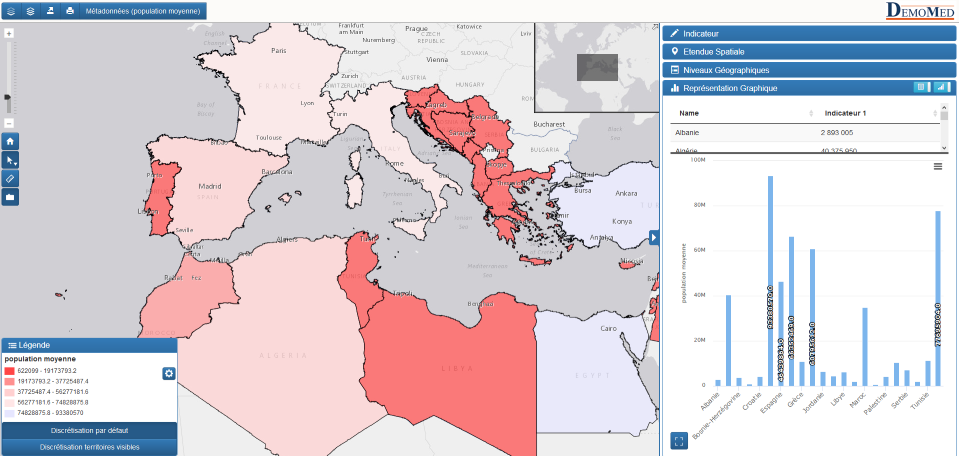 Portail cartographique de l’Observatoire démographique de la Méditerranée : le portail cartographique de l’Observatoire démographique de la Méditerranée propose une cartographie interactive multiscalaire et multitemporelle des données contenues dans sa base. Il permet en outre de visualiser simultanément les données cartographiées sous formes de graphique, ainsi que le téléchargement des données représentées. Accéder à l’atlas interactif.