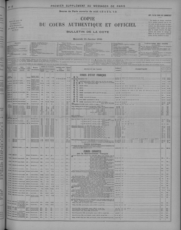 Photo de la page 1 de la cote officielle du 15 janvier 1930